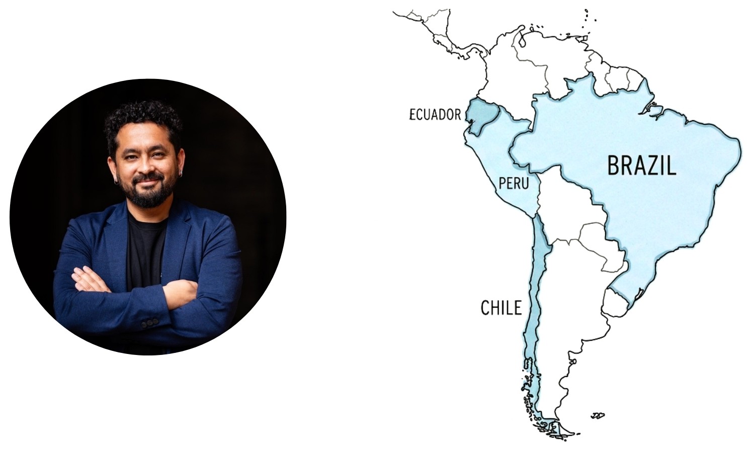 Circular portrait of Nacho Opazo smiling with arms crossed next to a map of South America highlighting Ecuador, Peru, Chile, and Brazil in light blue.