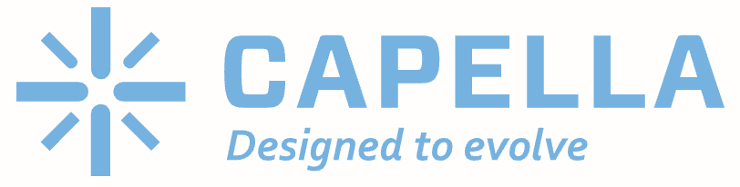 Capella logo: blue starburst icon to the left of the word CAPELLA with the slogan 'Designed to evolve'
