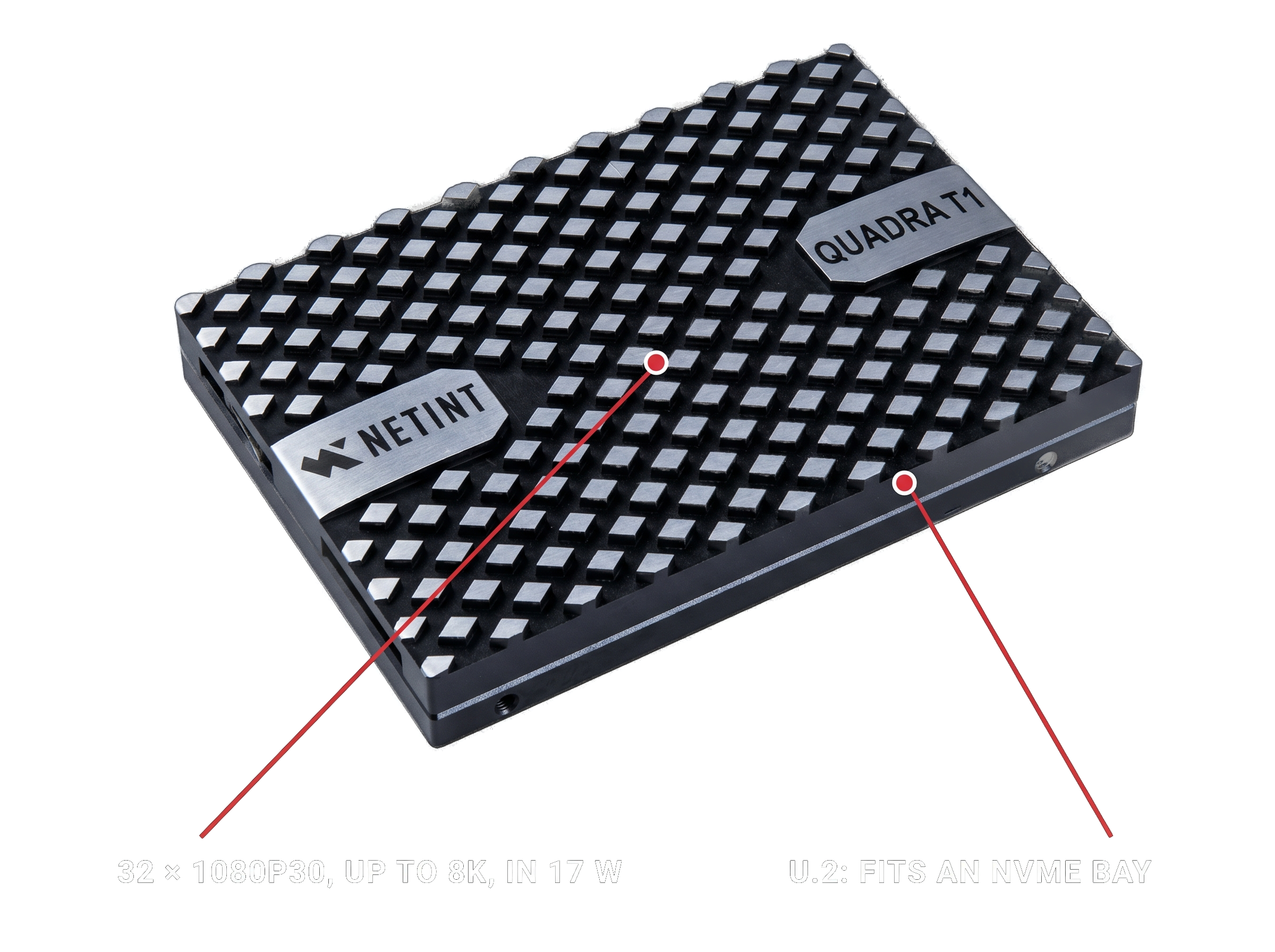 Close-up of a black textured hardware enclosure with NETINT and QUADRATI labels and red cables.