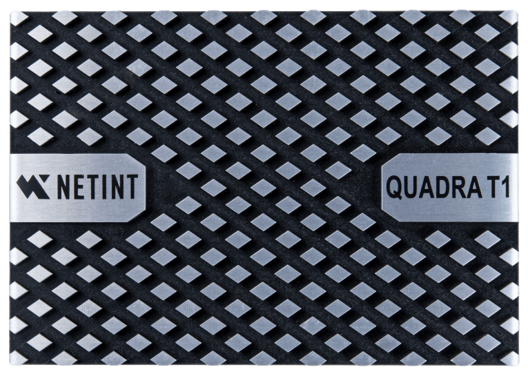 Black metal plate with a diamond lattice pattern and two silver labels reading NETINT and QUADRATI on opposite sides