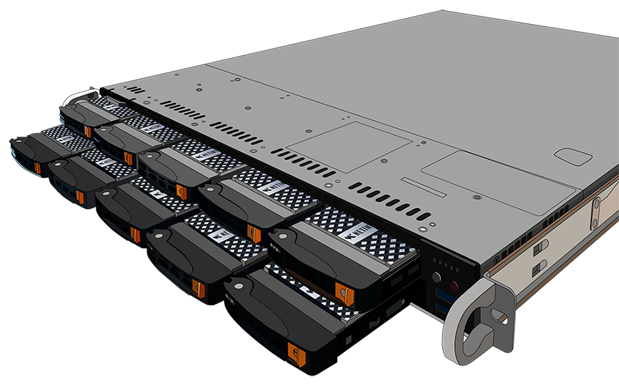 Front view of a server chassis with multiple hot-swappable hard drives in a drive bay enclosure.